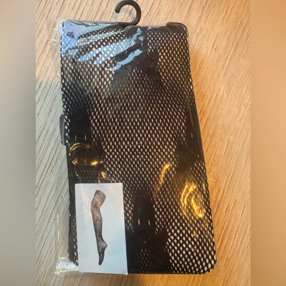 NWT Black Fishnet Stockings with Skull Design-Halloween